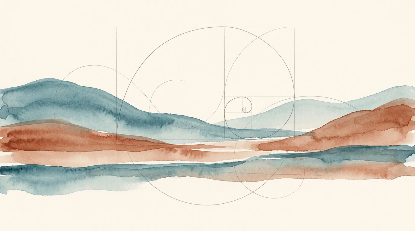 Watercolor of rolling hills with a golden-ratio overlay