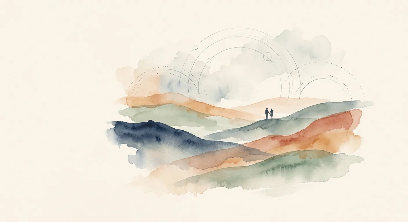 Watercolor of mountains and rolling hills under a soft sky