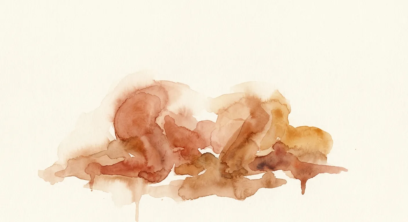 Loose watercolor strokes in warm sienna and rose suggesting reclining figures